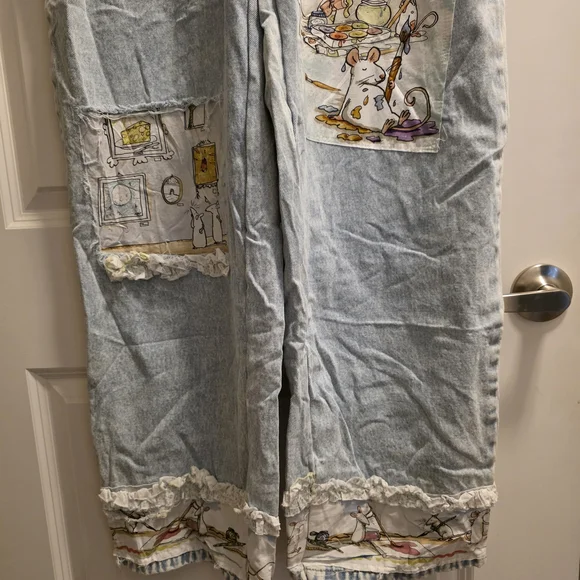 Light Wash Denim Overalls with Whimsical Patch Art - Picture 7 of 8